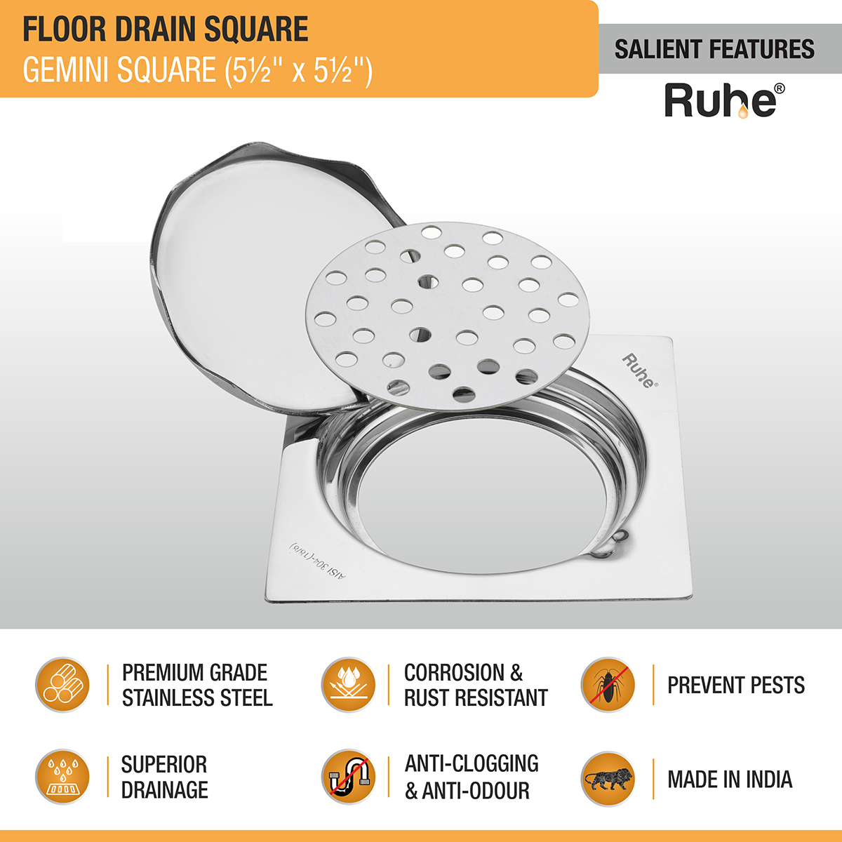 Gemini Square 304-Grade Floor Drain with Hinge (5½ x 5½ Inches) - by Ruhe®