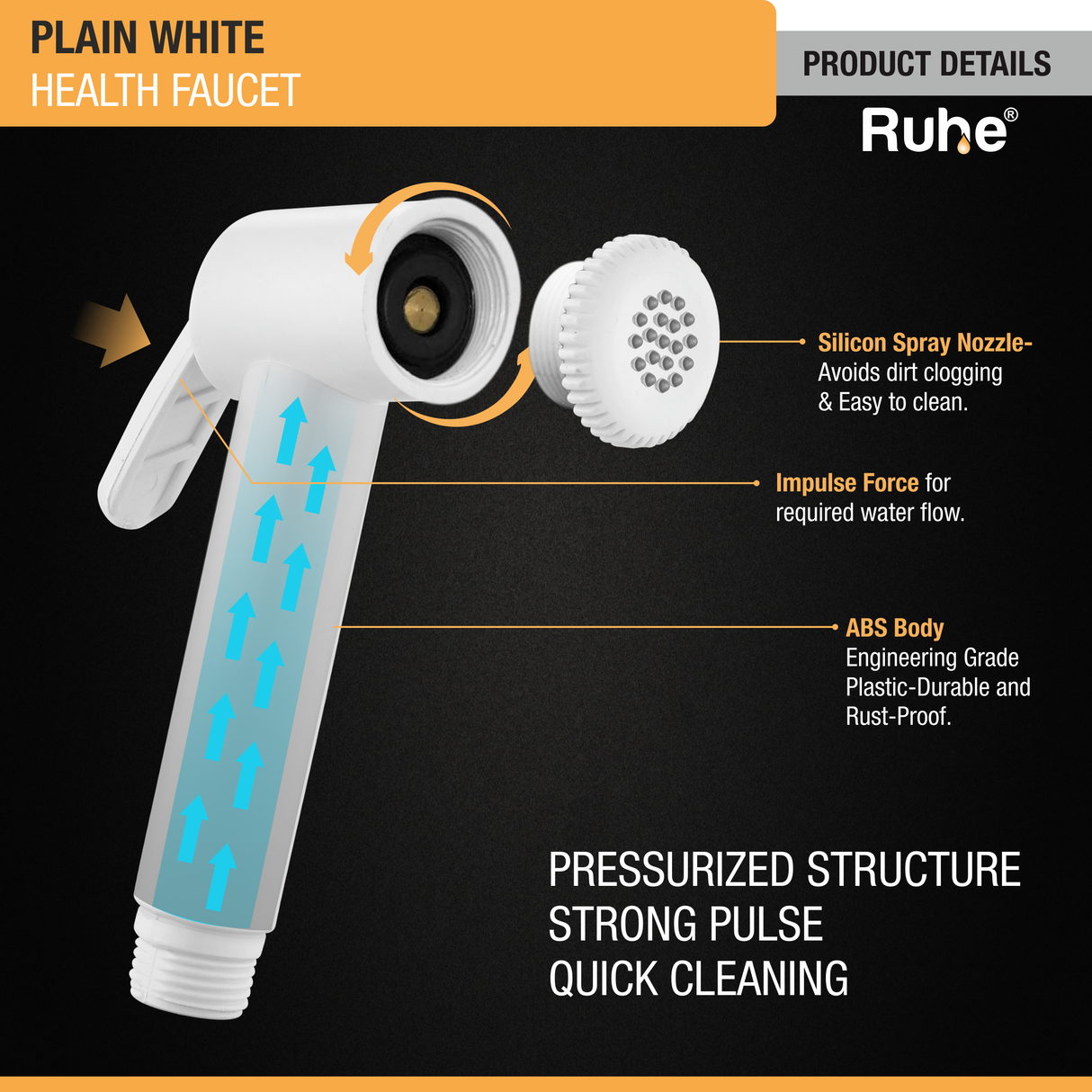 Plain White Health Faucet with 1 meter Flexible Hose (ABS) and Hook - by Ruhe