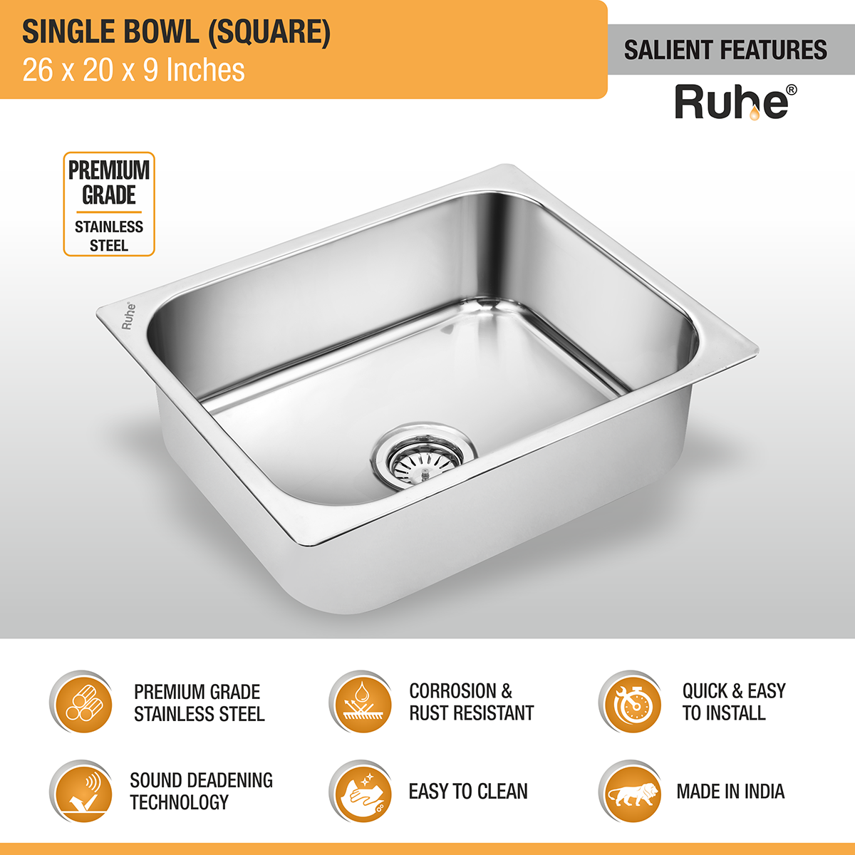 Square Single Bowl Kitchen Sink (26 x 20 x 9 inches) features and benefits