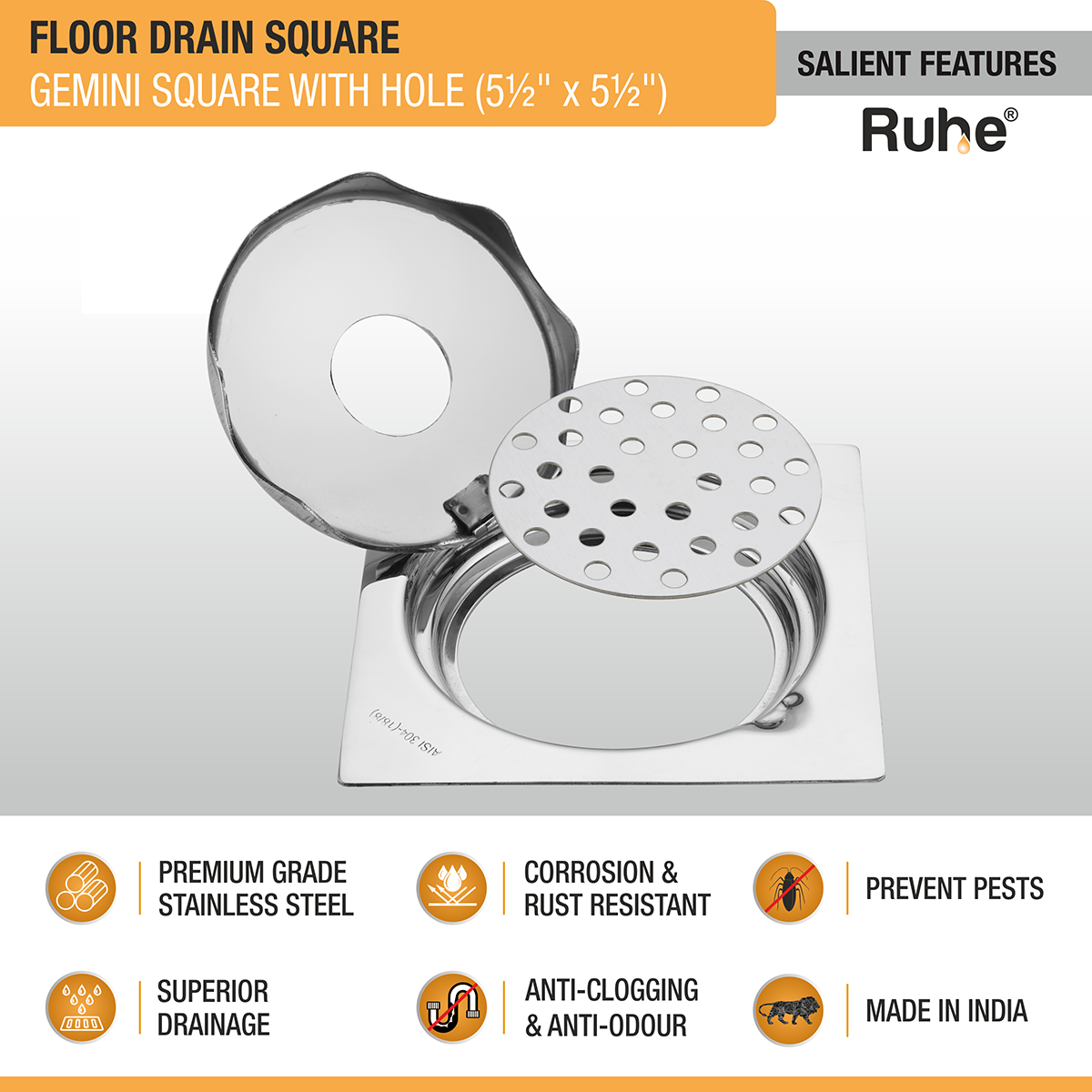 Gemini Square 304-Grade Floor Drain with Hinge & Hole (5½ x 5½ Inches) - by Ruhe®