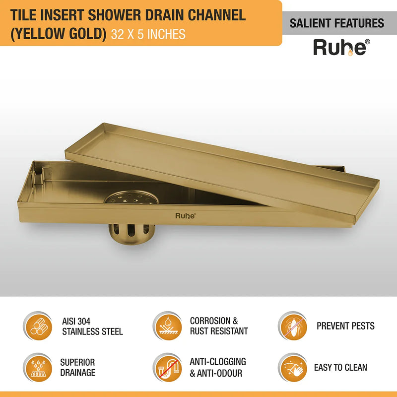 Tile Insert Shower Drain Channel (32 x 5 Inches) YELLOW GOLD PVD Coated - by Ruhe