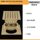 Pearl Square Flat Cut Floor Drain in Yellow Gold PVD Coating (6 x 6 Inches) product details
