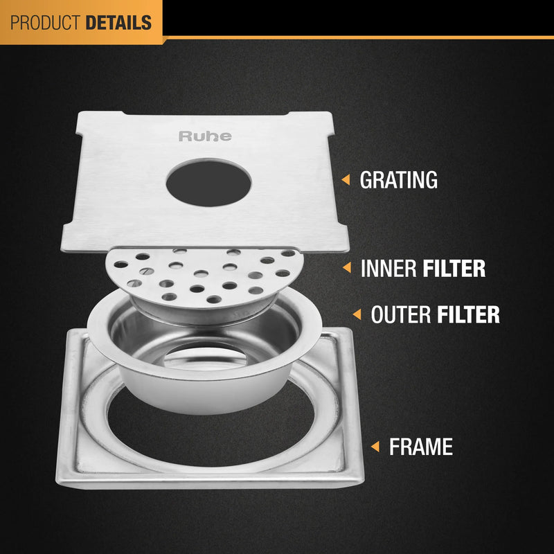 Diamond Square 304-Grade Floor Drain with Collar, Hole & Cockroach Trap (5 x 5 Inches) - by Ruhe