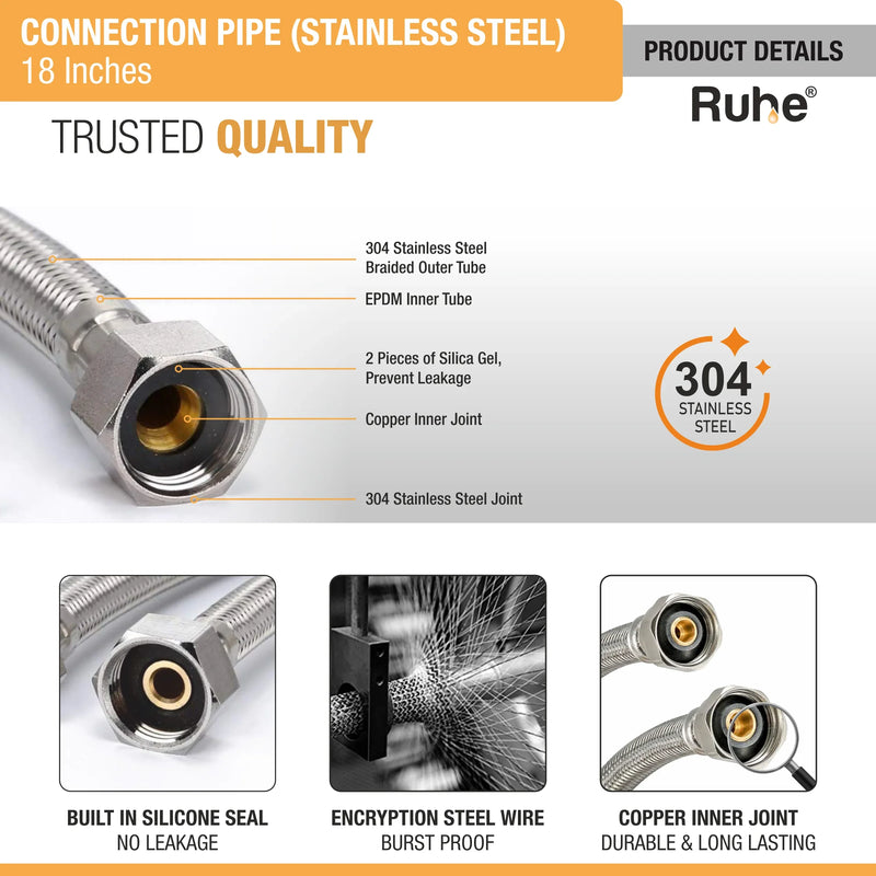 Geyser Connection Pipe SS (18 Inches) (304 Grade) (Pack of 2) - by Ruhe
