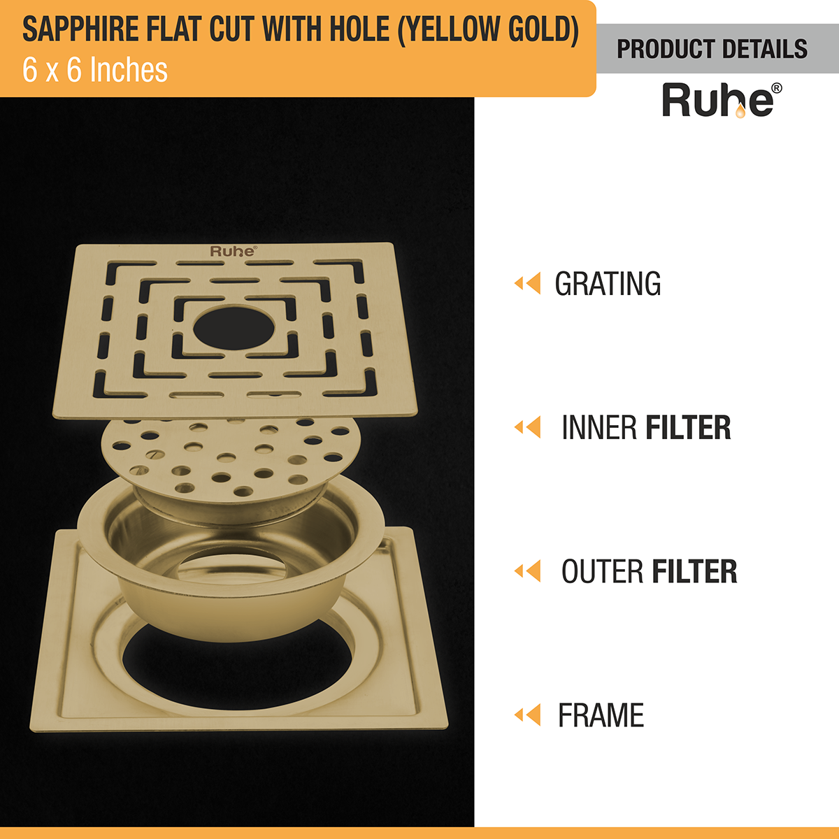 Sapphire Square Flat Cut Floor Drain in Yellow Gold PVD Coating (6 x 6 Inches) with Hole product details