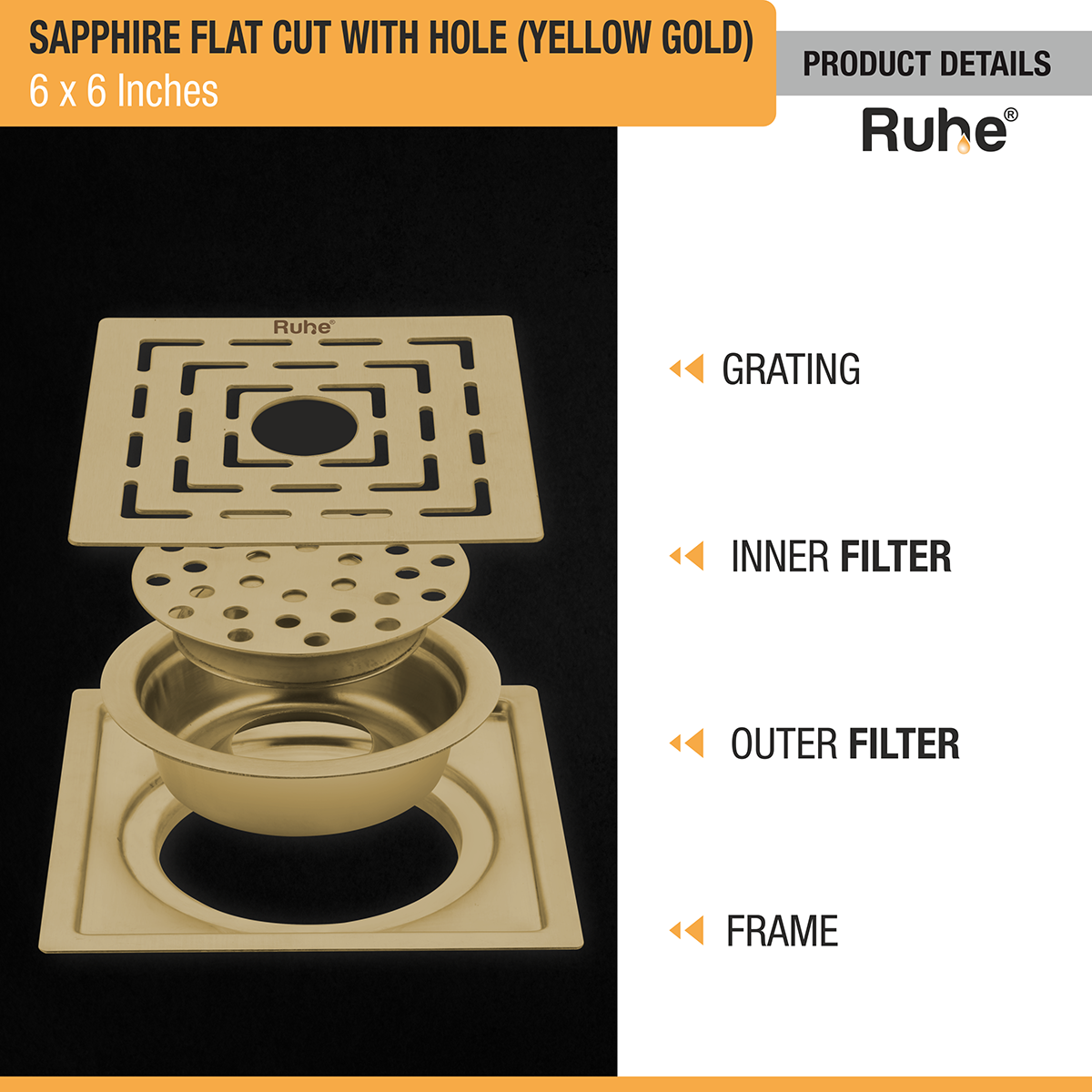 Sapphire Square Flat Cut Floor Drain in Yellow Gold PVD Coating (6 x 6 Inches) with Hole - by Ruhe®