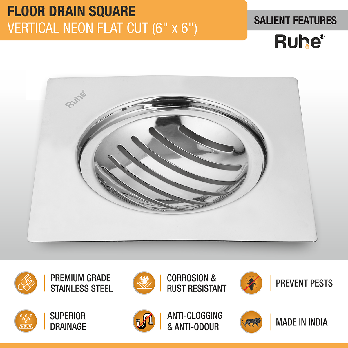 Vertical Neon Square Flat Cut Floor Drain (6 x 6 inches) - by Ruhe®