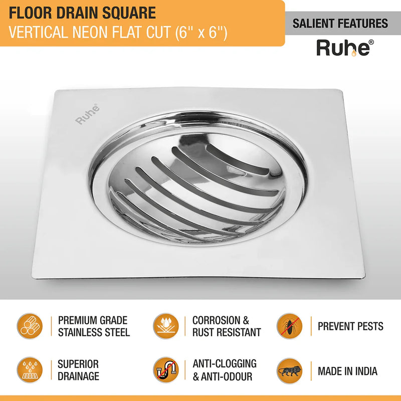Vertical Neon Square Flat Cut Floor Drain (6 x 6 inches) - by Ruhe