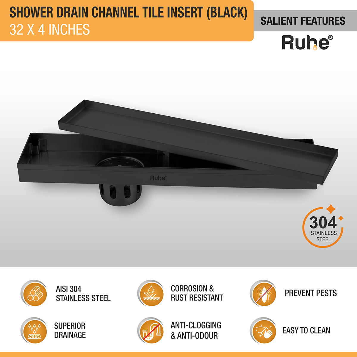 Tile Insert Shower Drain Channel (32 x 4 Inches) Black PVD Coated - by Ruhe®