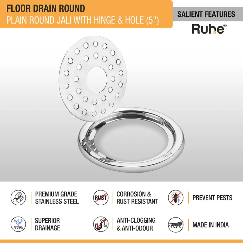 Plain Round Jali Floor Drain (5 Inches) with Hinged Grating Top & Hole (Pack of 2) - by Ruhe