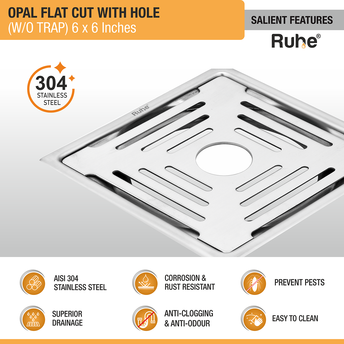 Opal Square Flat Cut 304-Grade Floor Drain with Hole (6 x 6 Inches) - by Ruhe®