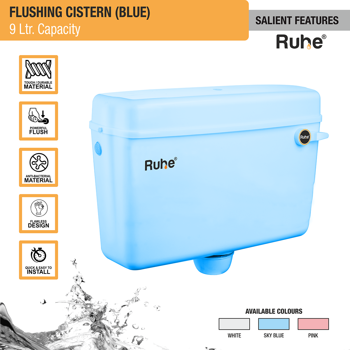 Blue Flushing Cistern (9 Ltr) features