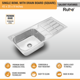 Square Single Bowl (45 x 20 x 9 Inches) Premium Stainless Steel Kitchen Sink with Drainboard features and benefits