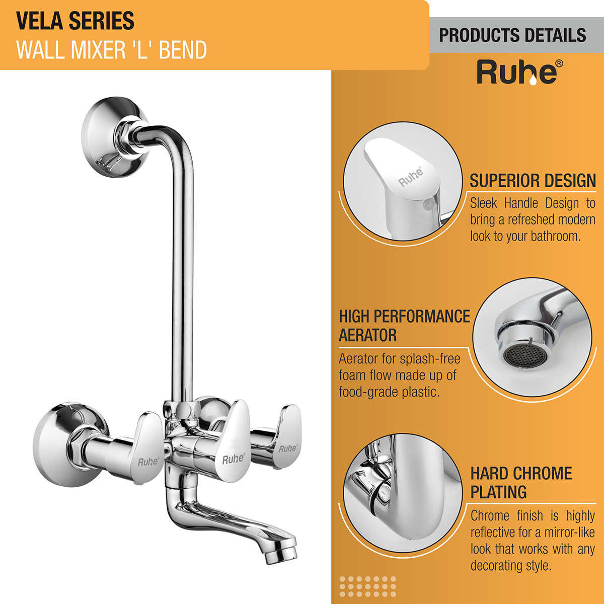 Vela Wall Mixer Tap with L Bend Pipe - by Ruhe®