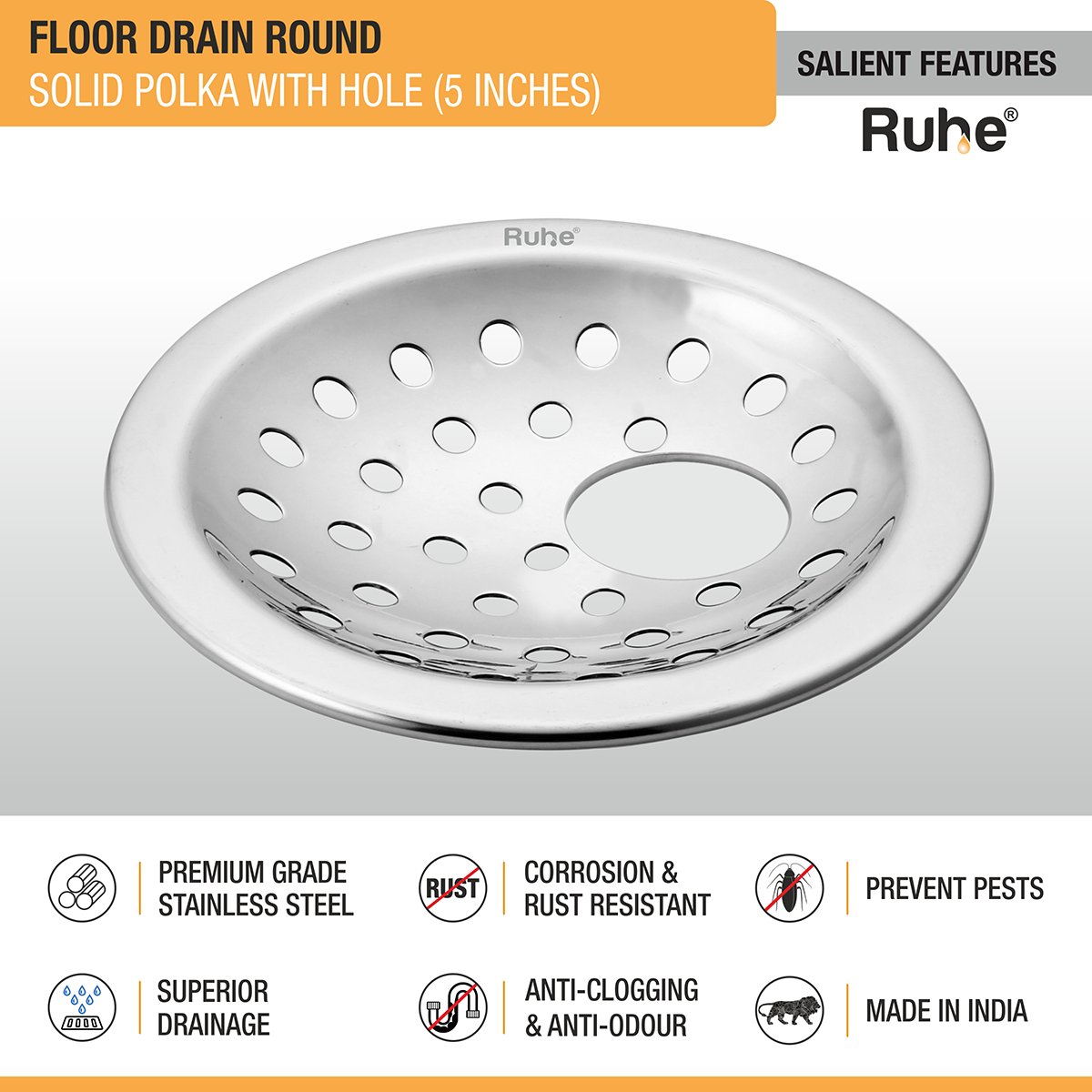 Solid Polka Round with Collar Floor Drain (5 Inches) with Hole (Pack of 2) - by Ruhe®