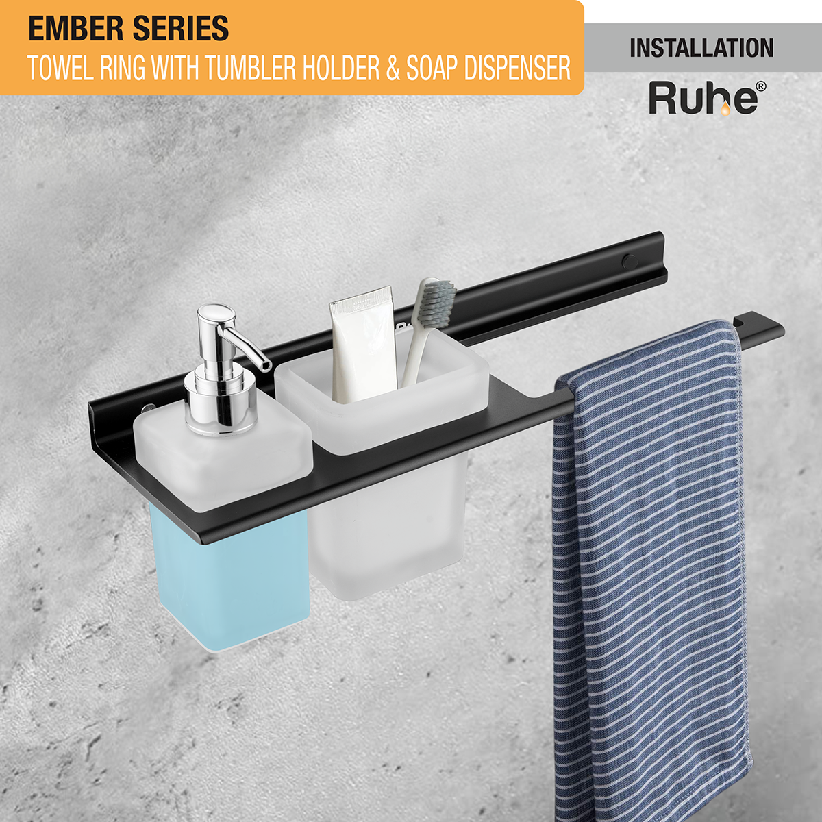 Ember Towel Ring with Tumbler Holder & Soap Dispenser (Space Aluminium) installstion