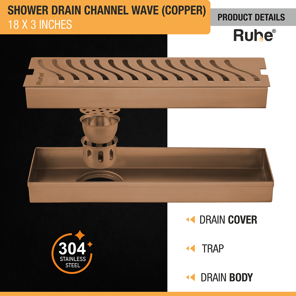 Wave Shower Drain Channel (18 x 3 Inches) ROSE GOLD PVD Coated - by Ruhe®