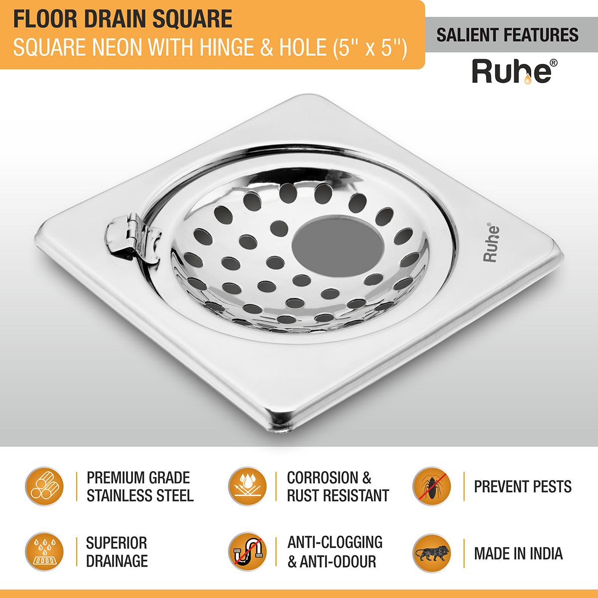 Square Neon Floor Drain (5 x 5 inches) with Hole and Hinged Grating Top - by Ruhe®