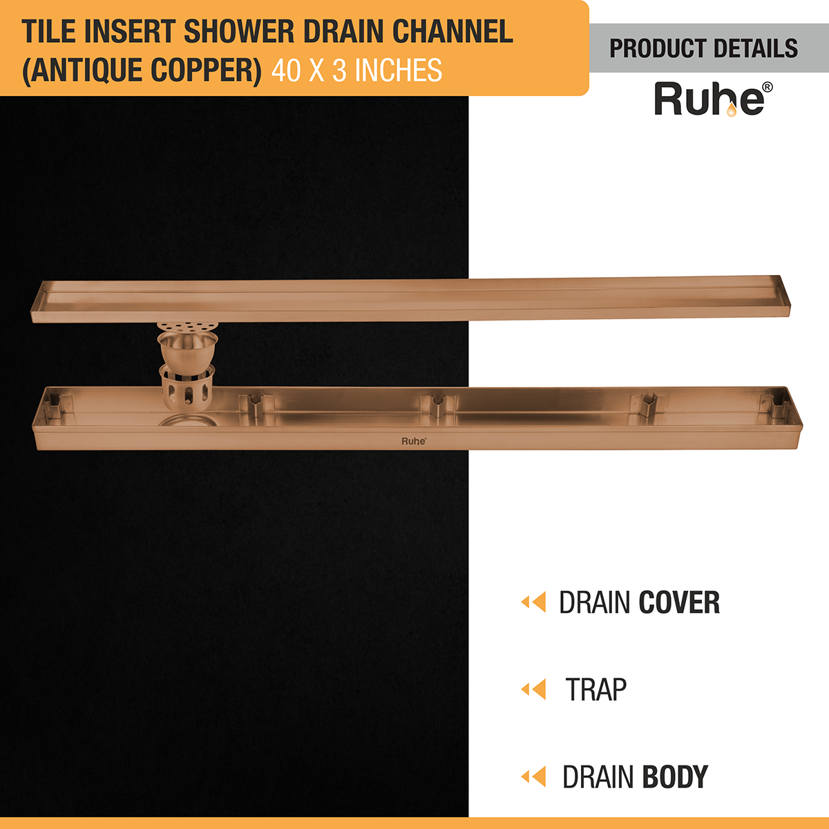 Tile Insert Shower Drain Channel (40 x 3 Inches) ROSE GOLD PVD Coated - by Ruhe®