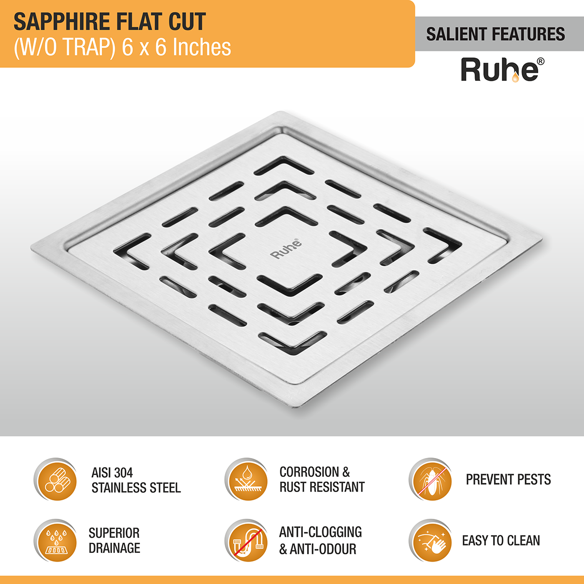 Sapphire Square Flat Cut 304-Grade Floor Drain (6 x 6 Inches) features and benefits