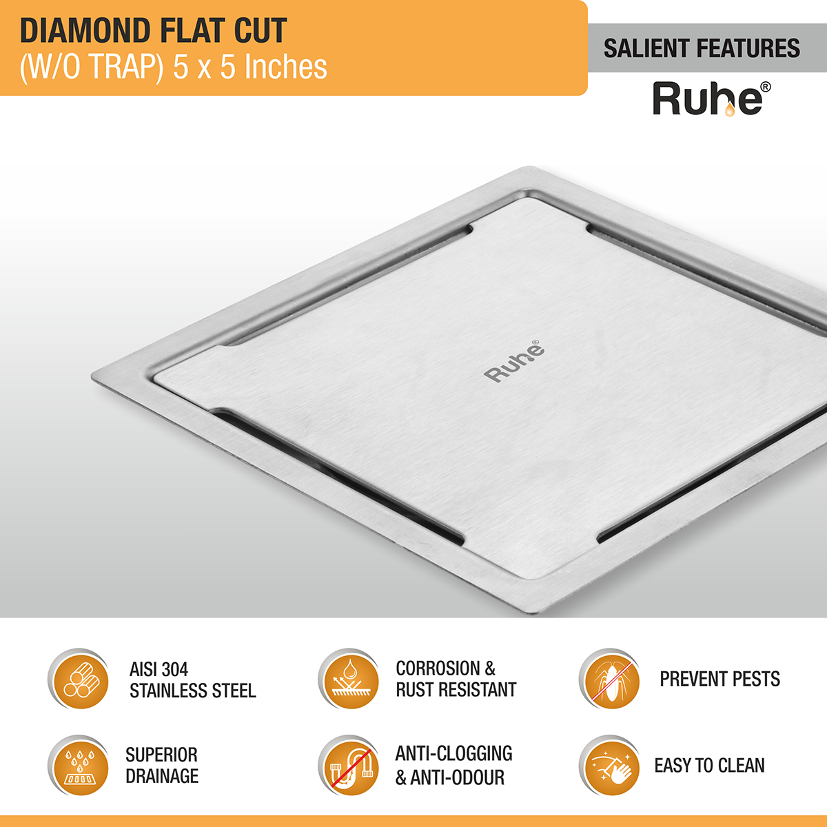 Diamond Square Flat Cut 304-Grade Floor Drain (5 x 5 Inches) features and benefits