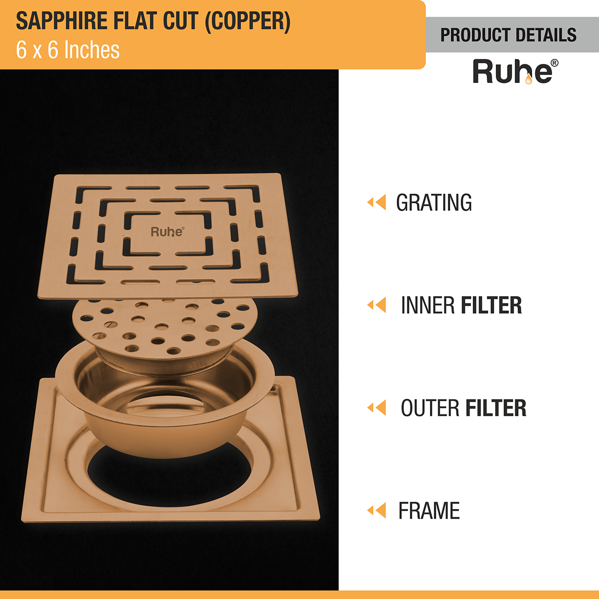 Sapphire Square Flat Cut Floor Drain in Antique Copper PVD Coating (6 x 6 Inches) product details