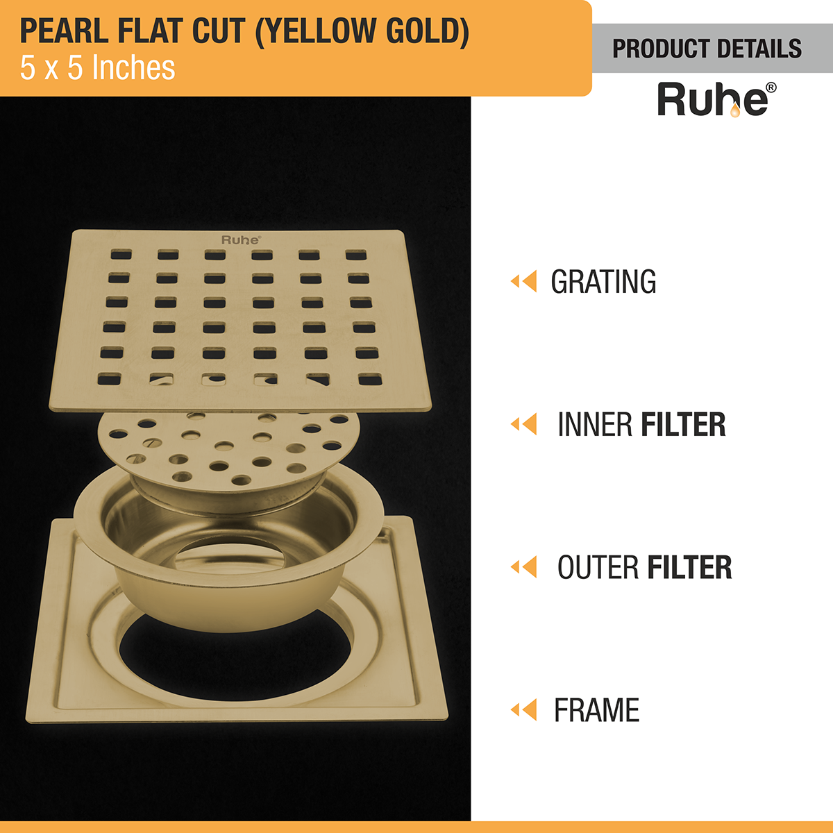 Pearl Square Flat Cut Floor Drain in Yellow Gold PVD Coating (5 x 5 Inches) product details