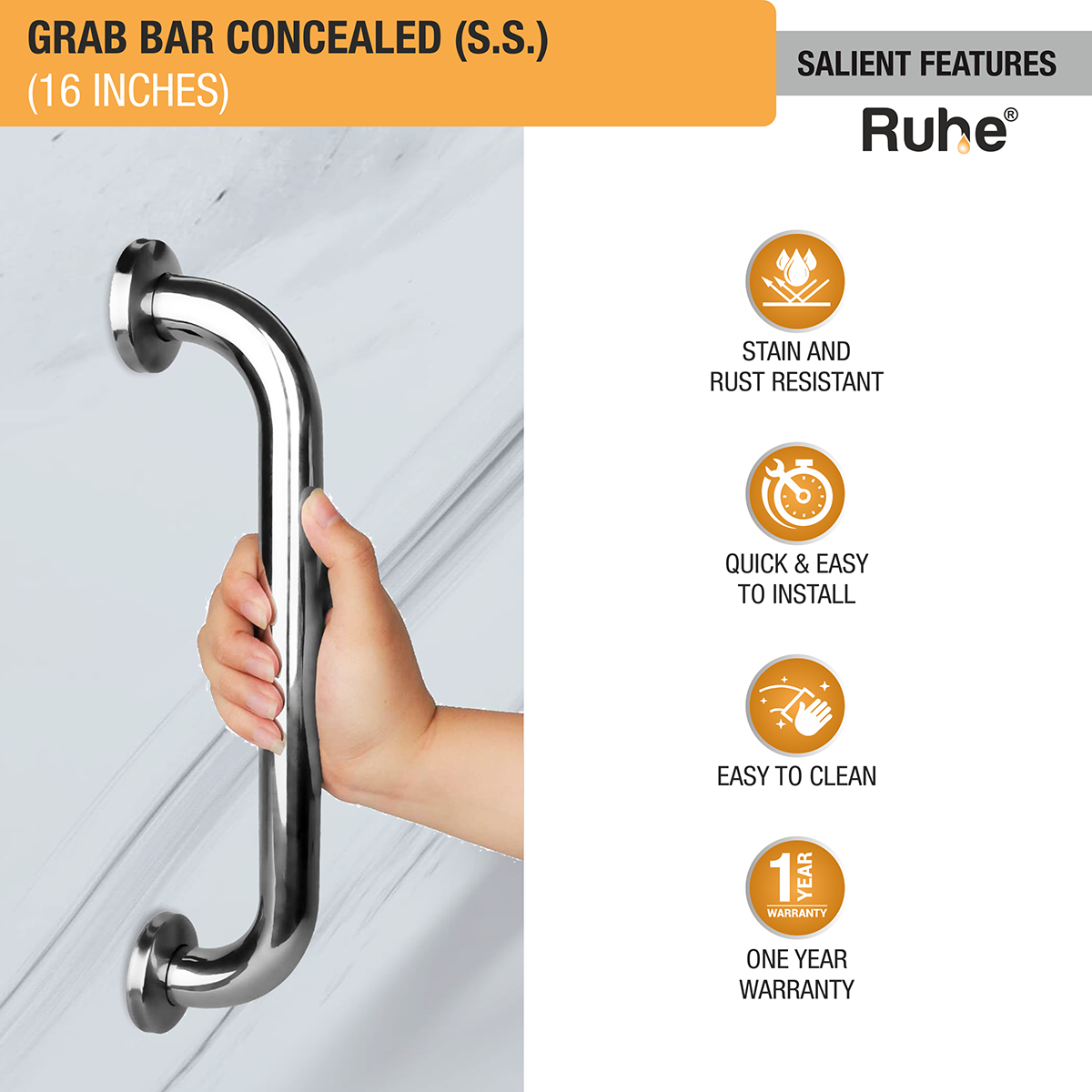 Grab Bar Stainless Steel (16 Inches) Concealed - by Ruhe