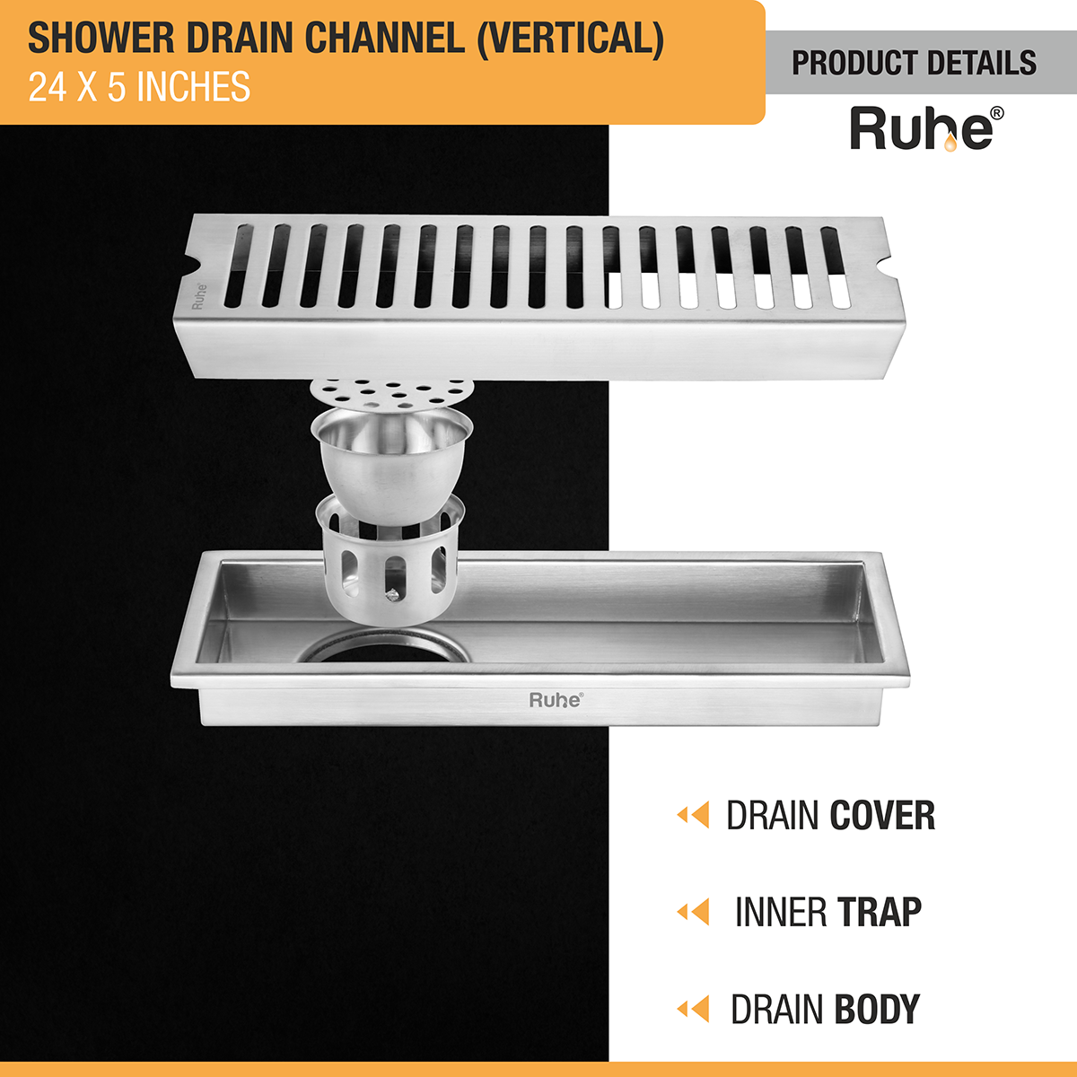 Vertical Shower Drain Channel (24 x 5 Inches) with Cockroach Trap (304 Grade) - by Ruhe®