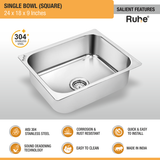 Square Single Bowl (24 x 18 x 9 inches) 304-Grade Kitchen Sink features and benefits