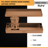 Tile Insert Shower Drain Channel (12 x 4 Inches) ROSE GOLD PVD Coated with drain cover, traps, and drain body