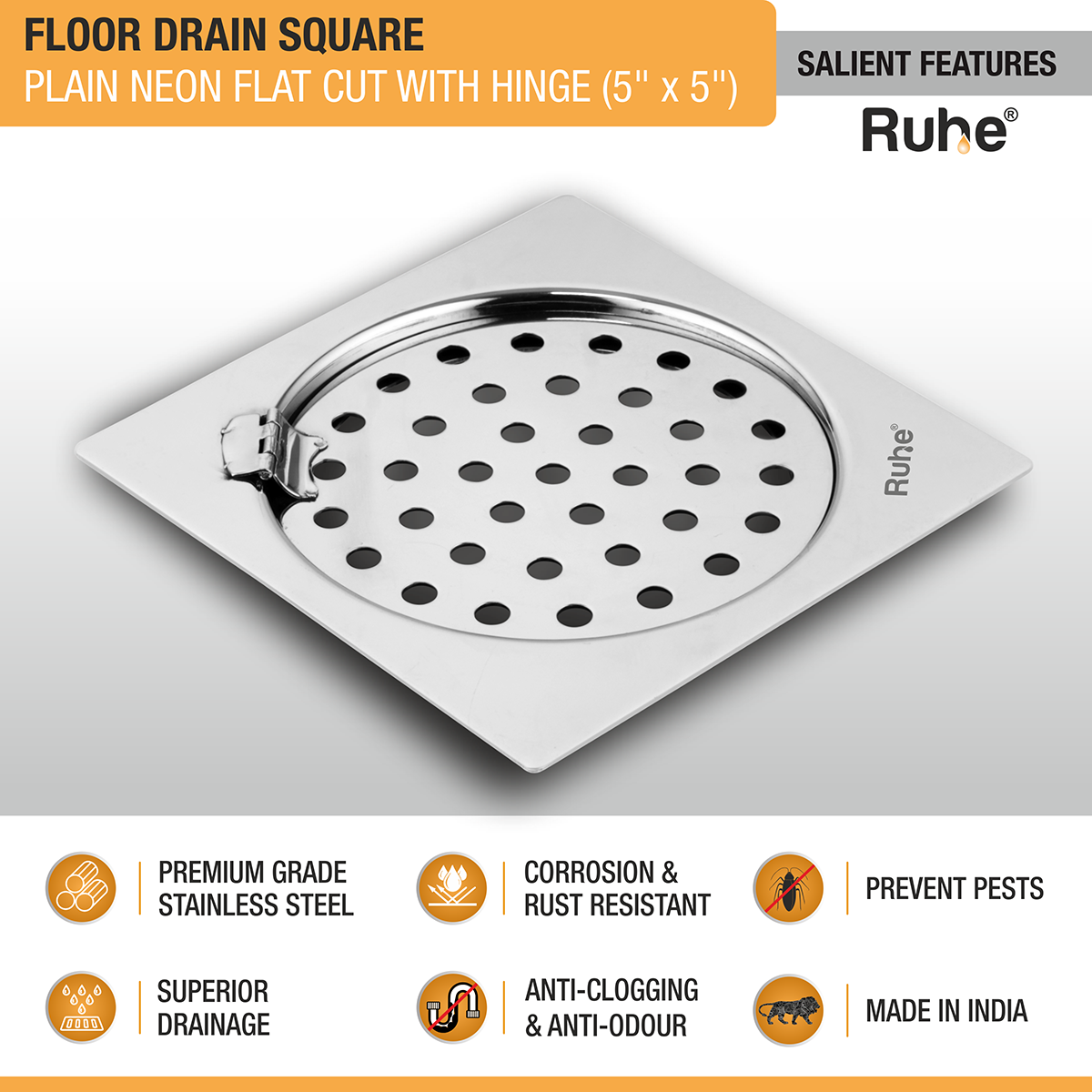 Plain Neon Square Flat Cut Floor Drain (5 x 5 inches) with Hinged Grating Top - by Ruhe®