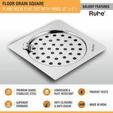 Plain Neon Square Flat Cut Floor Drain (5 x 5 inches) with Hinged Grating Top features