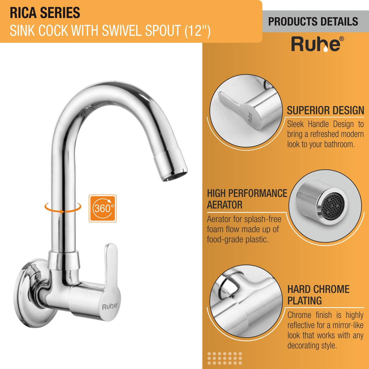 Rica Sink Tap with Small (12 inches) Round Swivel Spout Brass Faucet product details