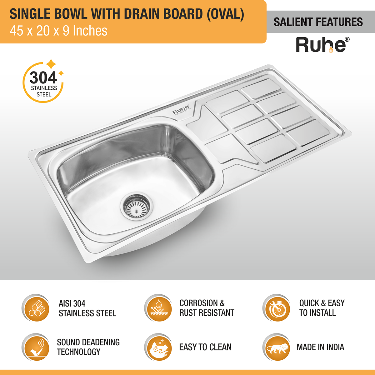 Oval Single Bowl (45 x 20 x 9 inches) 304-Grade Stainless Steel Kitchen Sink with Drainboard features and benefits