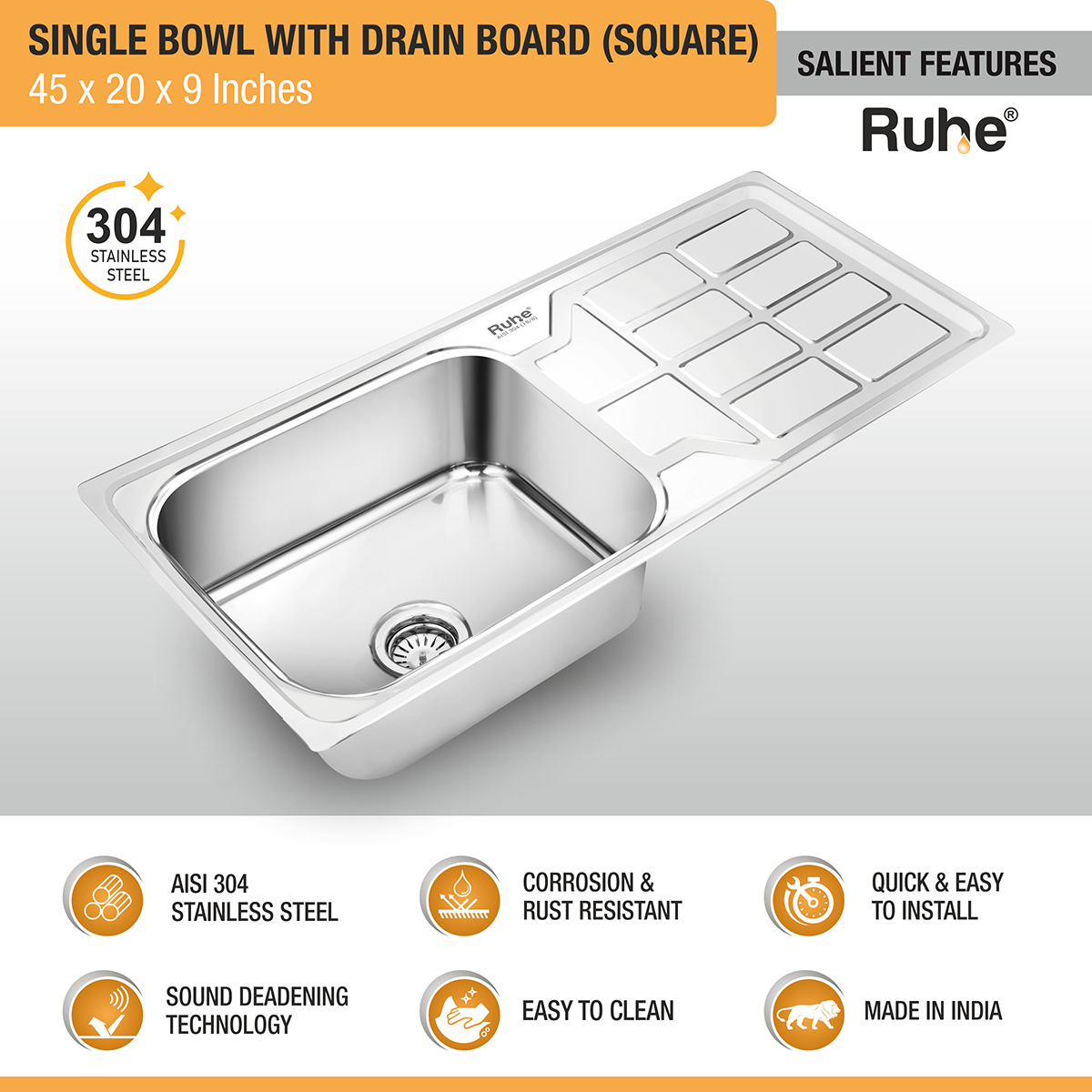 Square Single Bowl (45 x 20 x 9 Inches) 304-Grade Stainless Steel Kitchen Sink with Drainboard features and benefits