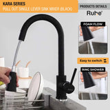 Kara Pull-out Single Lever Sink Mixer Faucet with Dual Flow (Matte Black) 304-Grade SS product details with foam and ring shower