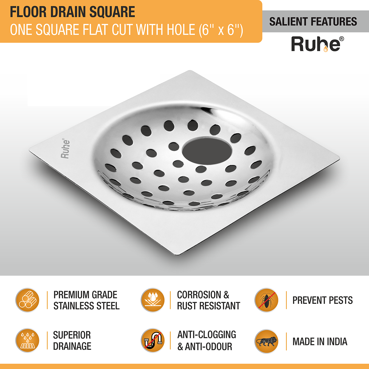 One Square Flat Cut Floor Drain (6 x 6 inches) with Hole - by Ruhe®