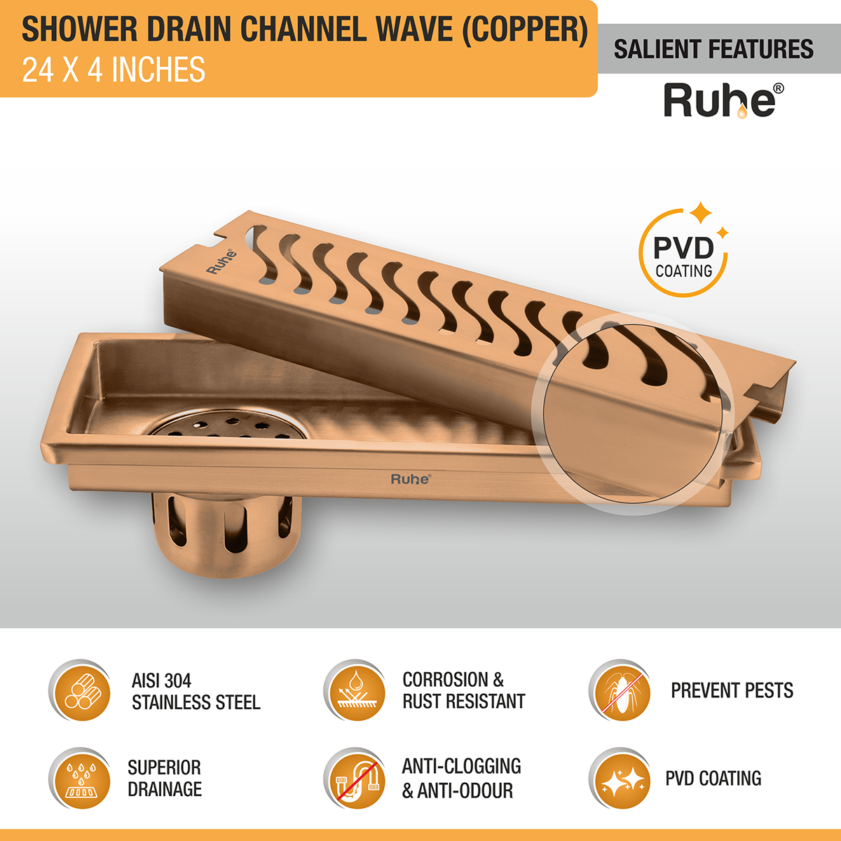 Wave Shower Drain Channel (24 x 4 Inches) ROSE GOLD/ANTIQUE COPPER features
