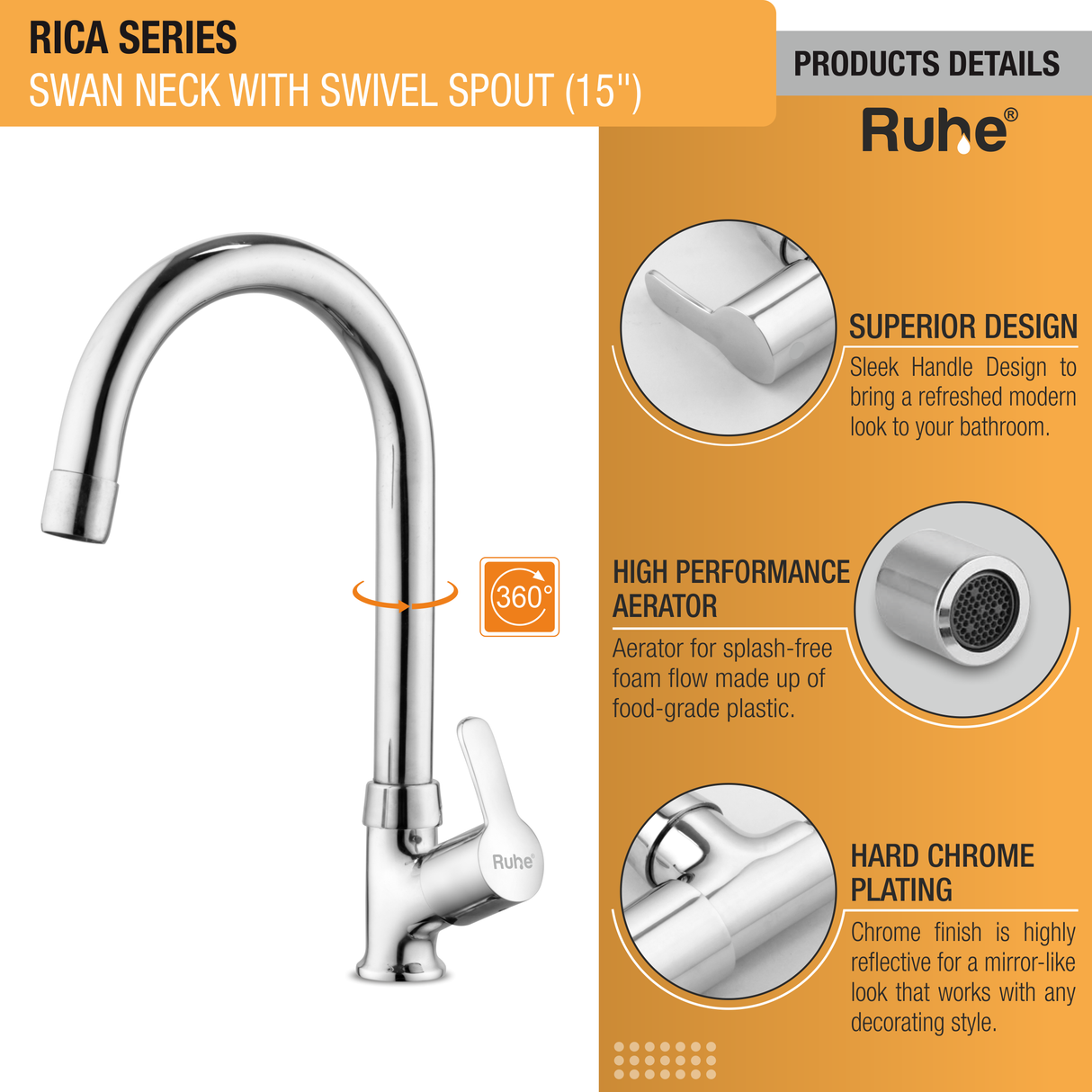 Rica Swan Neck with Medium (15 inches) Round Swivel Spout Faucet details