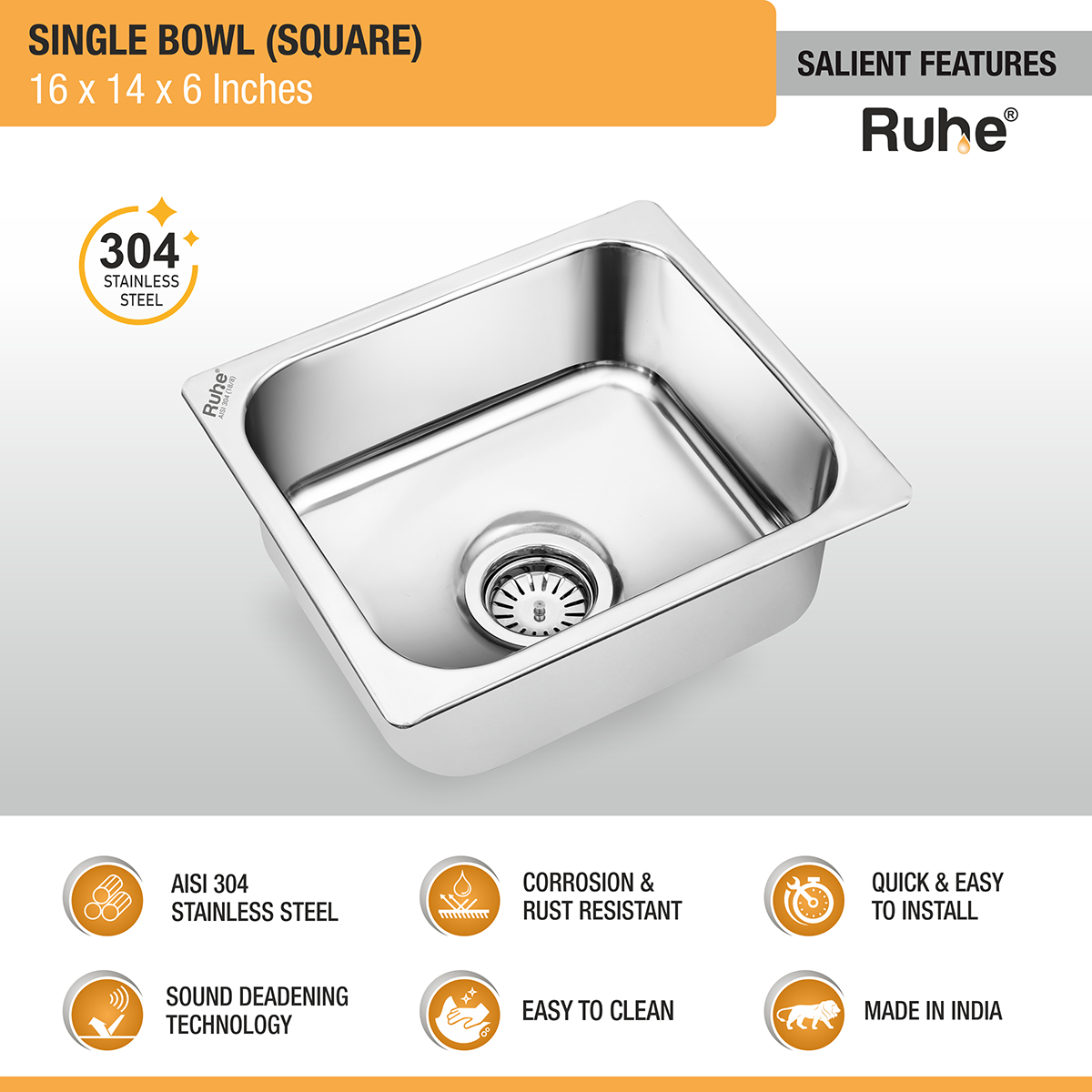 Square Single Bowl (16 x 14 x 6 inches) 304-Grade Kitchen Sink features and benefits
