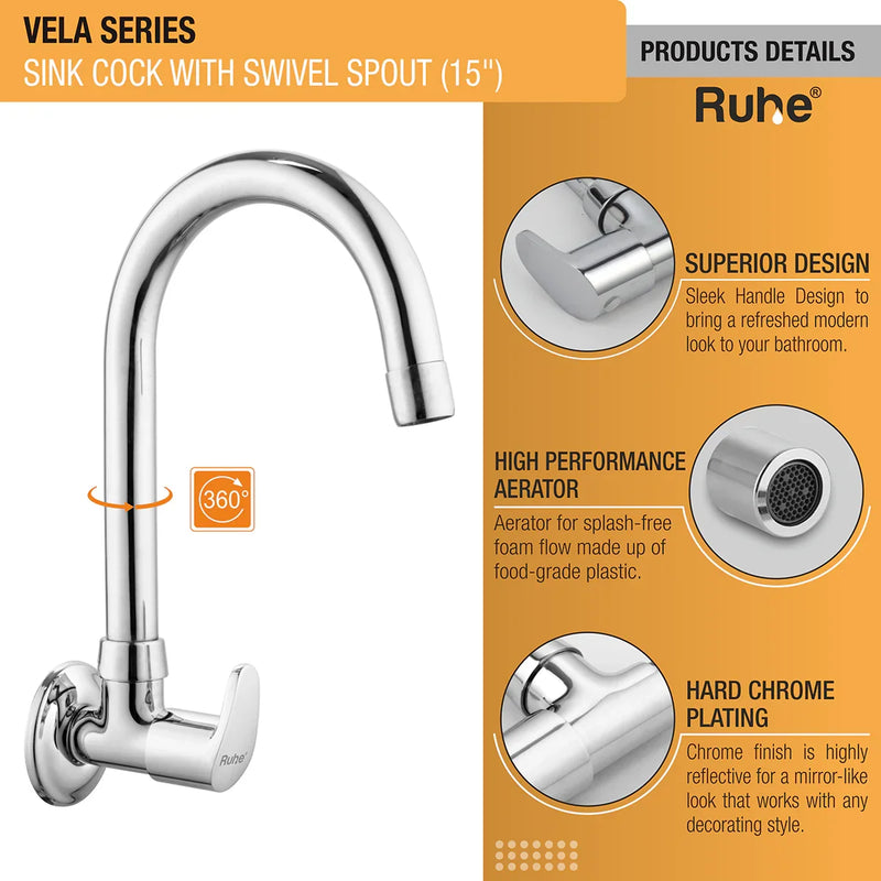 Vela Wall-mount Kitchen Sink Tap with Medium Swivel Spout (15") - by Ruhe