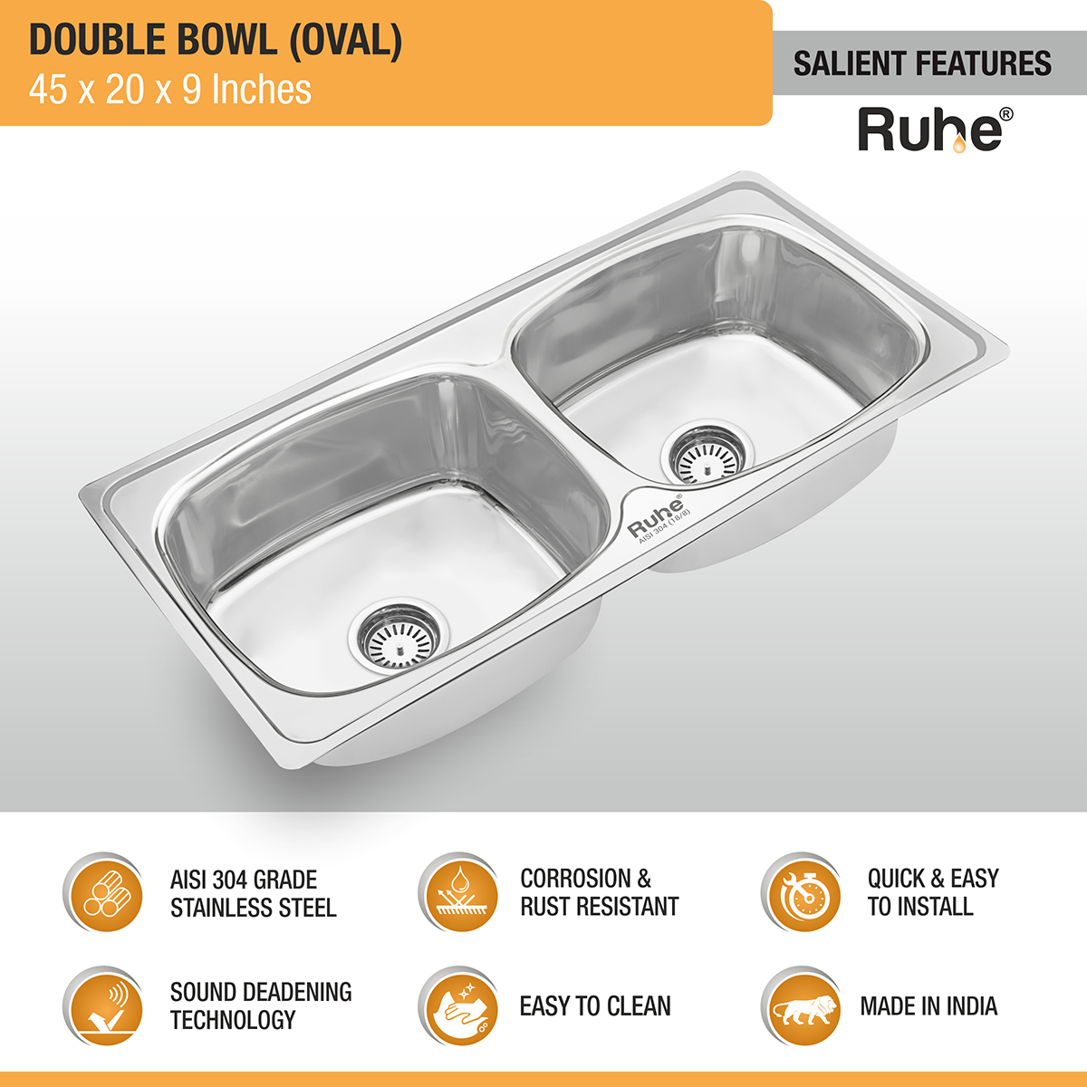 Oval Double Bowl (45 x 20 x 9 inches) 304-Grade Kitchen Sink features and benefits