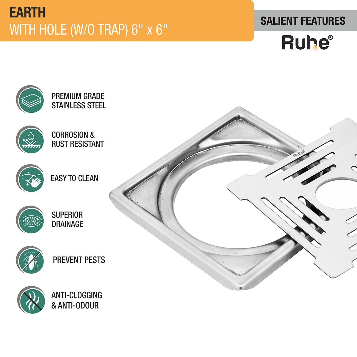 Earth Square Premium Floor Drain (6 x 6 Inches) with Hole - by Ruhe®