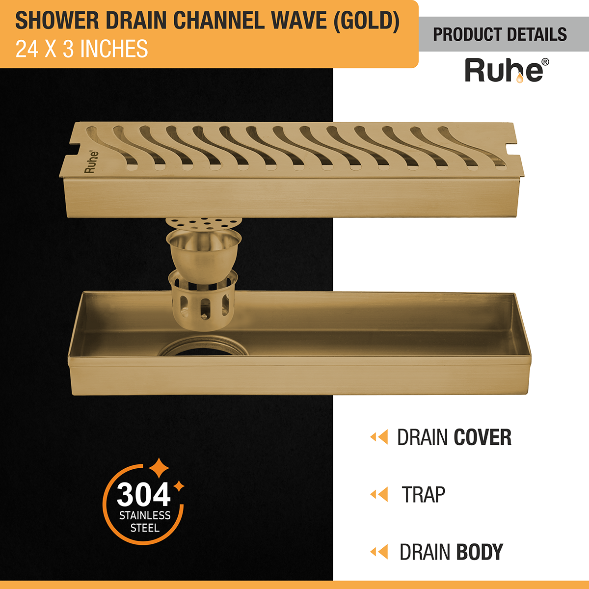 Wave Shower Drain Channel (24 x 3 Inches) YELLOW GOLD PVD Coated - by Ruhe®