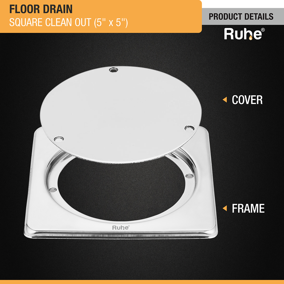 Square Clean Out with Collar Floor Drain (5 x 5 inches)- by Ruhe®