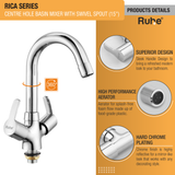 Rica Centre Hole Basin Mixer with Medium (15 inches) Round Swivel Spout Faucet details