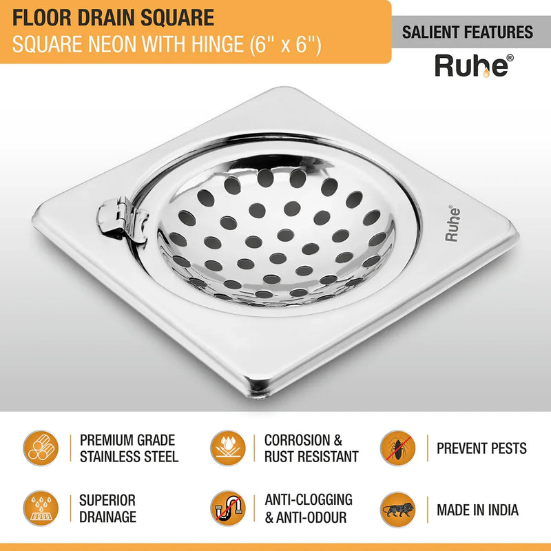 Square Neon Floor Drain (6 x 6 inches) with Hinged Grating Top - by Ruhe