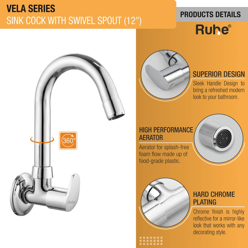 Vela Wall-mount Kitchen Sink Tap with Small Swivel Spout (12") - by Ruhe