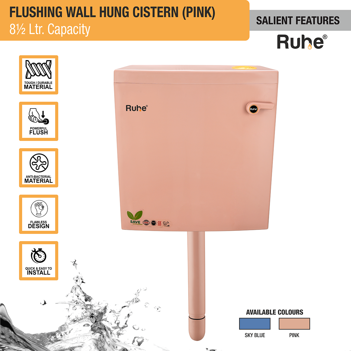 Flushing Wall Hung Cistern 8.5 Ltr. (Pink) features